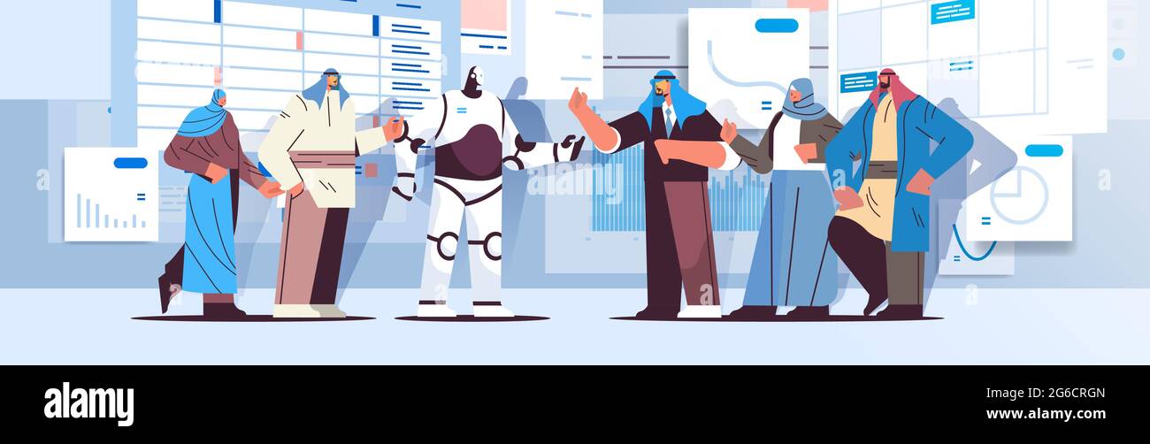 robot with arab businesspeople analyzing statistics graphs and charts ...