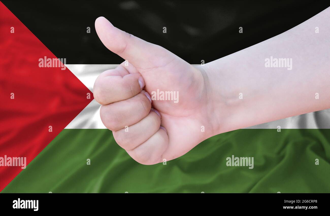 Hand makes a thumbs up sign on the background of the flag of Palestine ...