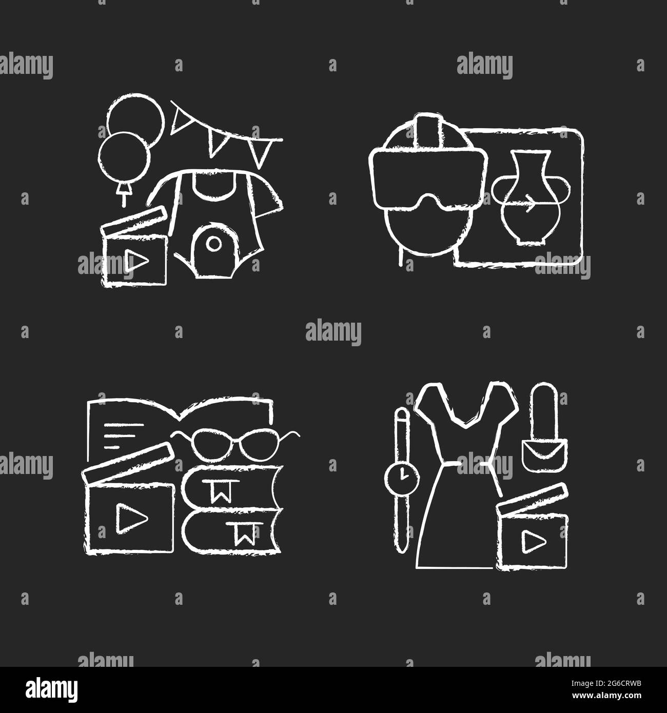 Types of video chalk white icons set on dark background Stock Vector