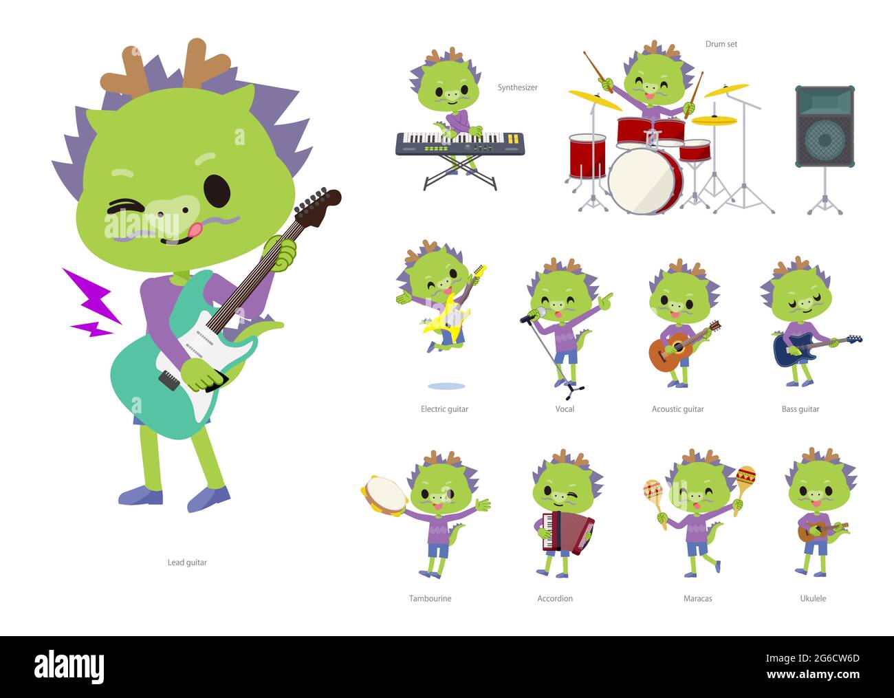 A set of Dragon boy playing rock 'n' roll and pop music.It's vector art so it's easy to edit. Stock Vector