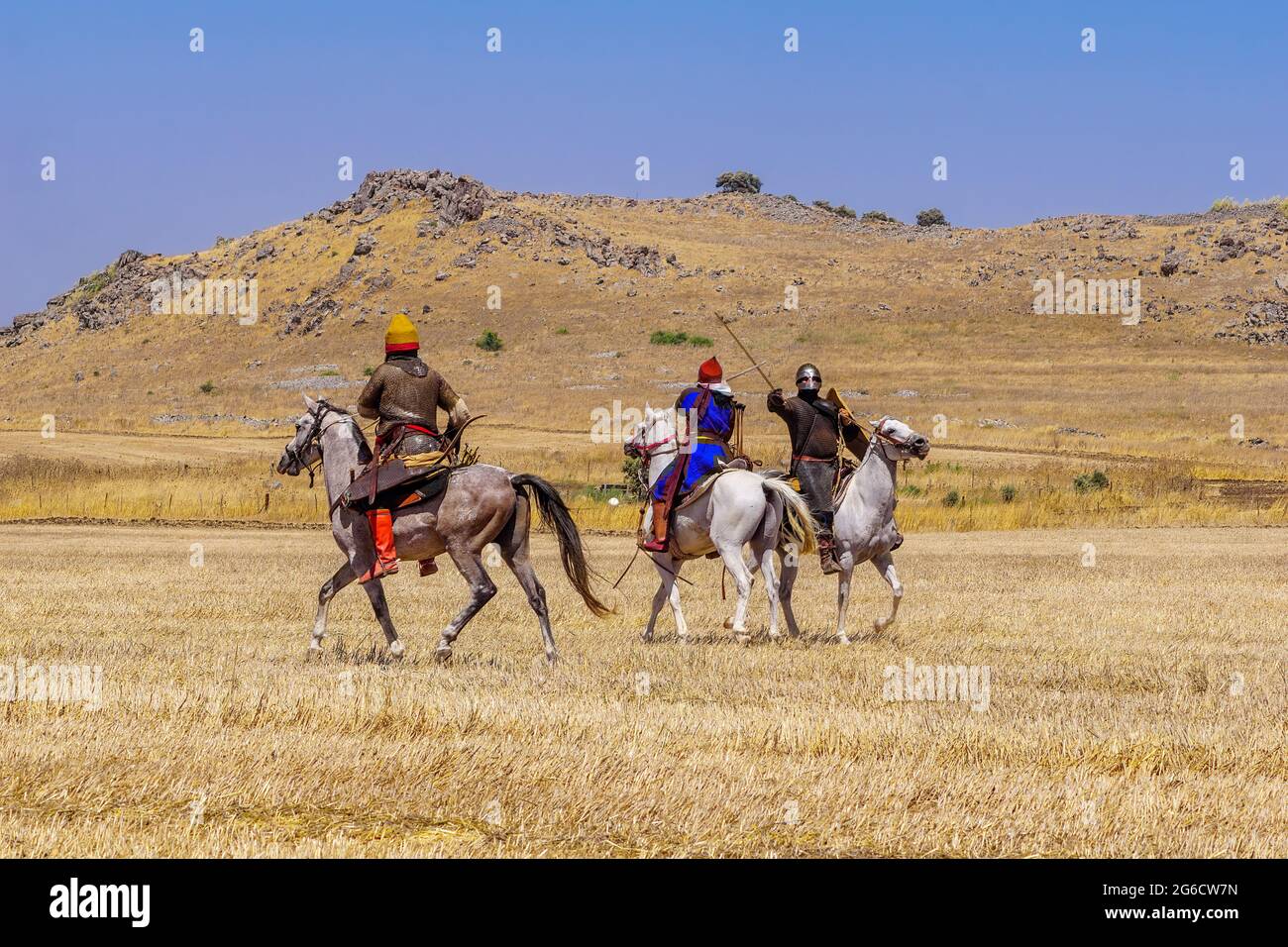 Lavi, Israel - July 02, 2021: Re-enactment of the 1187 Battle of the Horns of Hattin (Ayyubid sultan Saladin defeated the crusaders): Cavalry fight. H Stock Photo