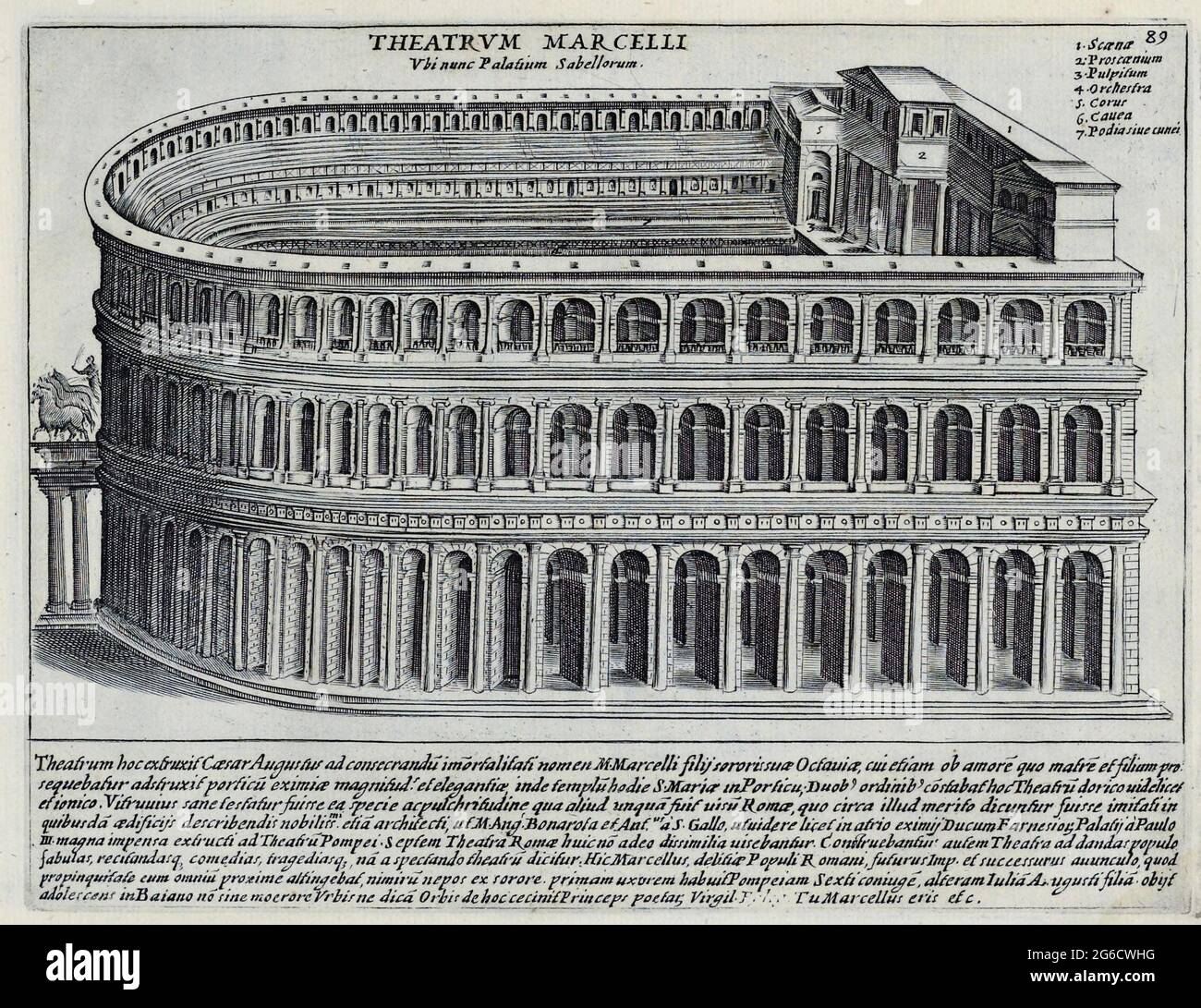 Das Marcellus-Theater wurde 44 v. Chr. von Julius Caesar begonnen, der ein größeres und prächtigeres Theater als das des gerade besiegten Pompejus errichten wollte. Er nahm dafür Land in Besitz und begann mit dem Bau. Er wurde kurz nach Beginn des Projekts ermordet. Das Projekt wurde erst wieder aufgegriffen, als Kaiser Augustus im Jahr 22 v. Chr. beschloss, es zu vollenden, historisches Rom, Italien, Splendore Dell' Antica Roma: The Splendors of Rome, Circa 1625  /  historical Rome, Italy, The Theater of Marcellus was begun in 44 BC by Julius Caesar, who wanted to create a larger and more gra Stock Photo