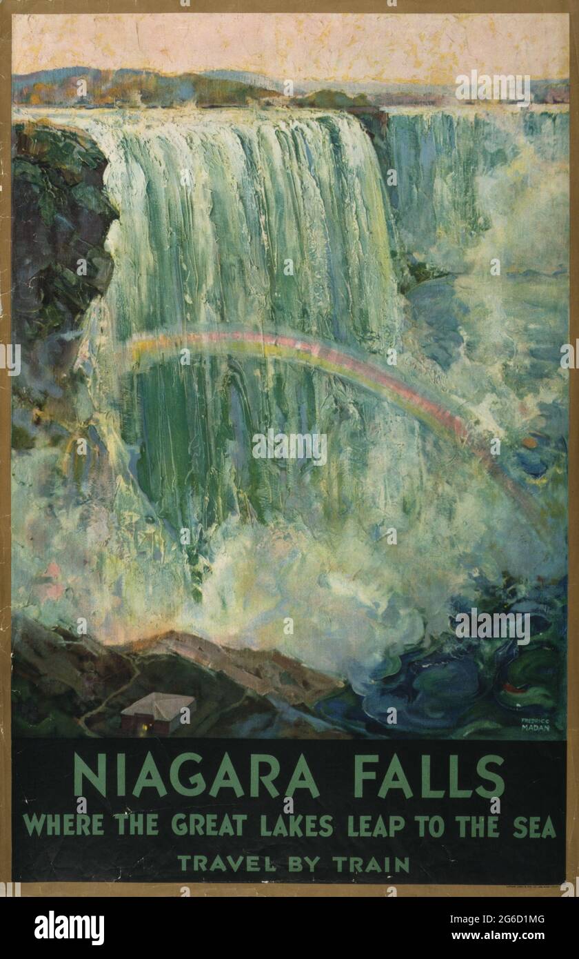 A very vintage looking travel poster for The Niagara Falls. Where The Great Lakes leap to the sea. Travel by train. Fredric C. Madan 1925. Stock Photo