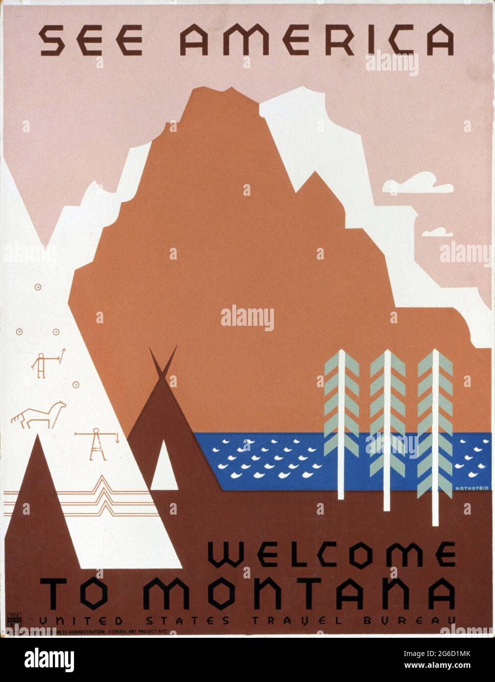 SEE AMERICA, vintage travel poster. Welcome to Montana, WPA poster, ca. 1937 Stock Photo