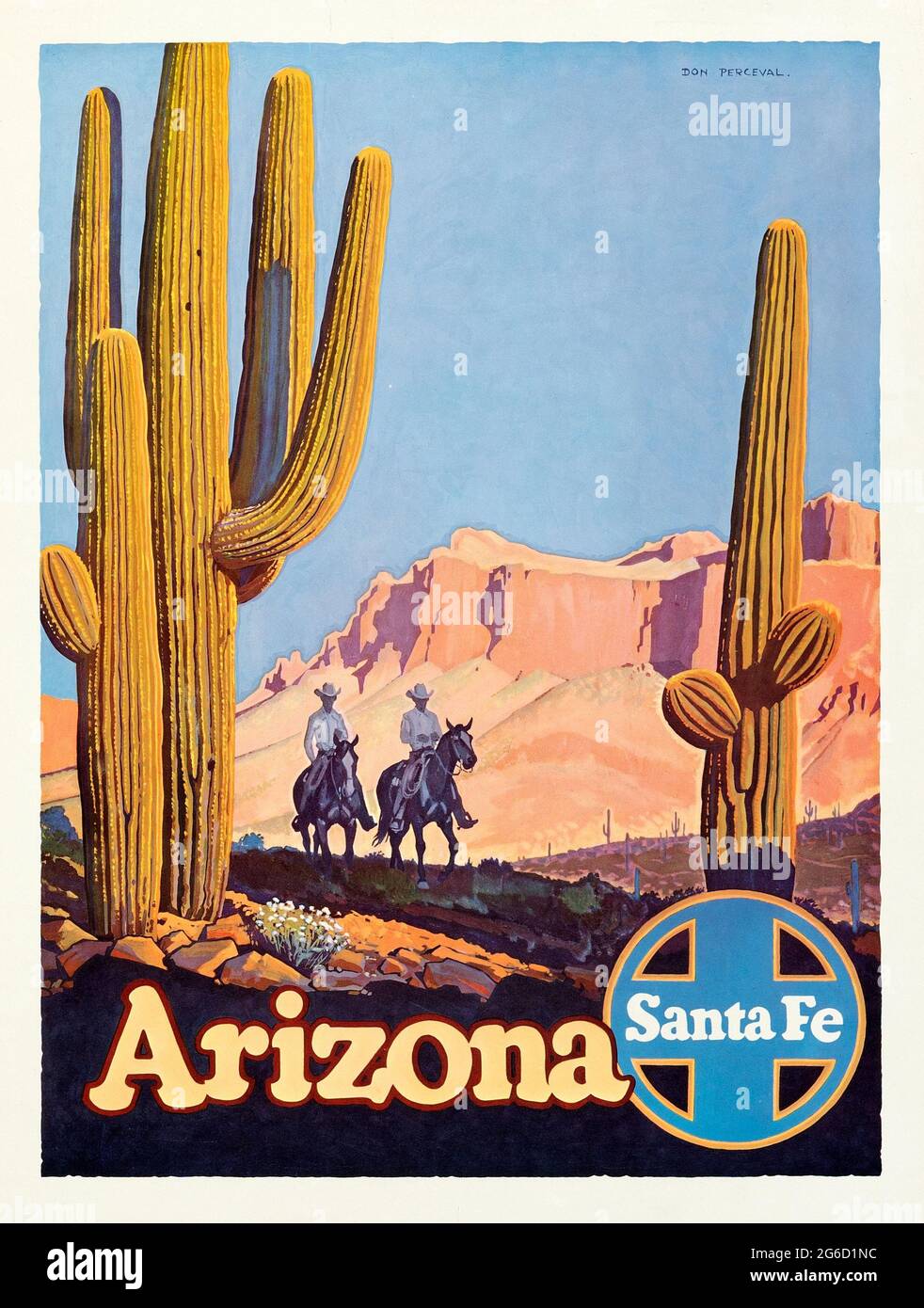 TRAVEL POSTER: Arizona Santa Fe Railroad – United States of America. 1940s. A couple of cowboys riding on horses. Two big cactuses in front. Stock Photo