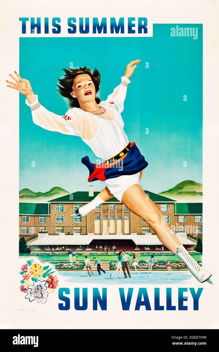 Travel poster Sun Valley, Idaho (Union Pacific, 1950s) Skating woman on ice. Stock Photo