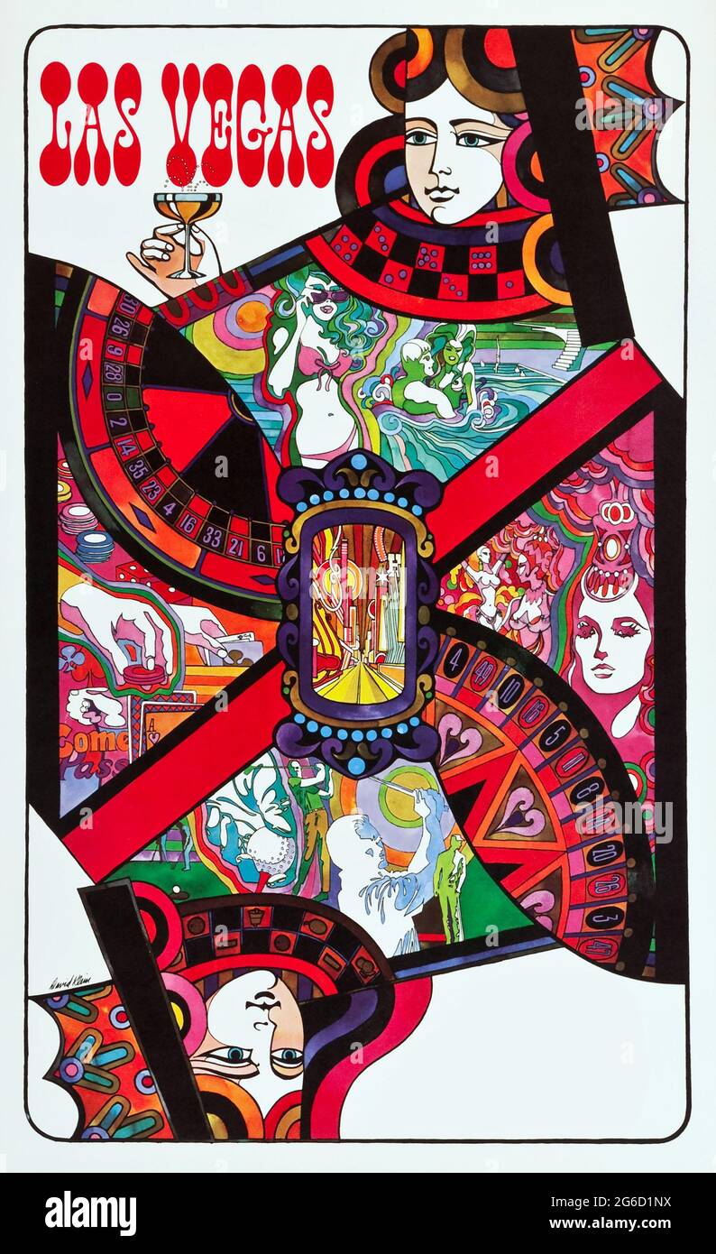 TWA Las Vegas Travel Poster (1960s) Queen Playing Card – David Klein illustration. 1960s. (TWA logo removed-version). Stock Photo