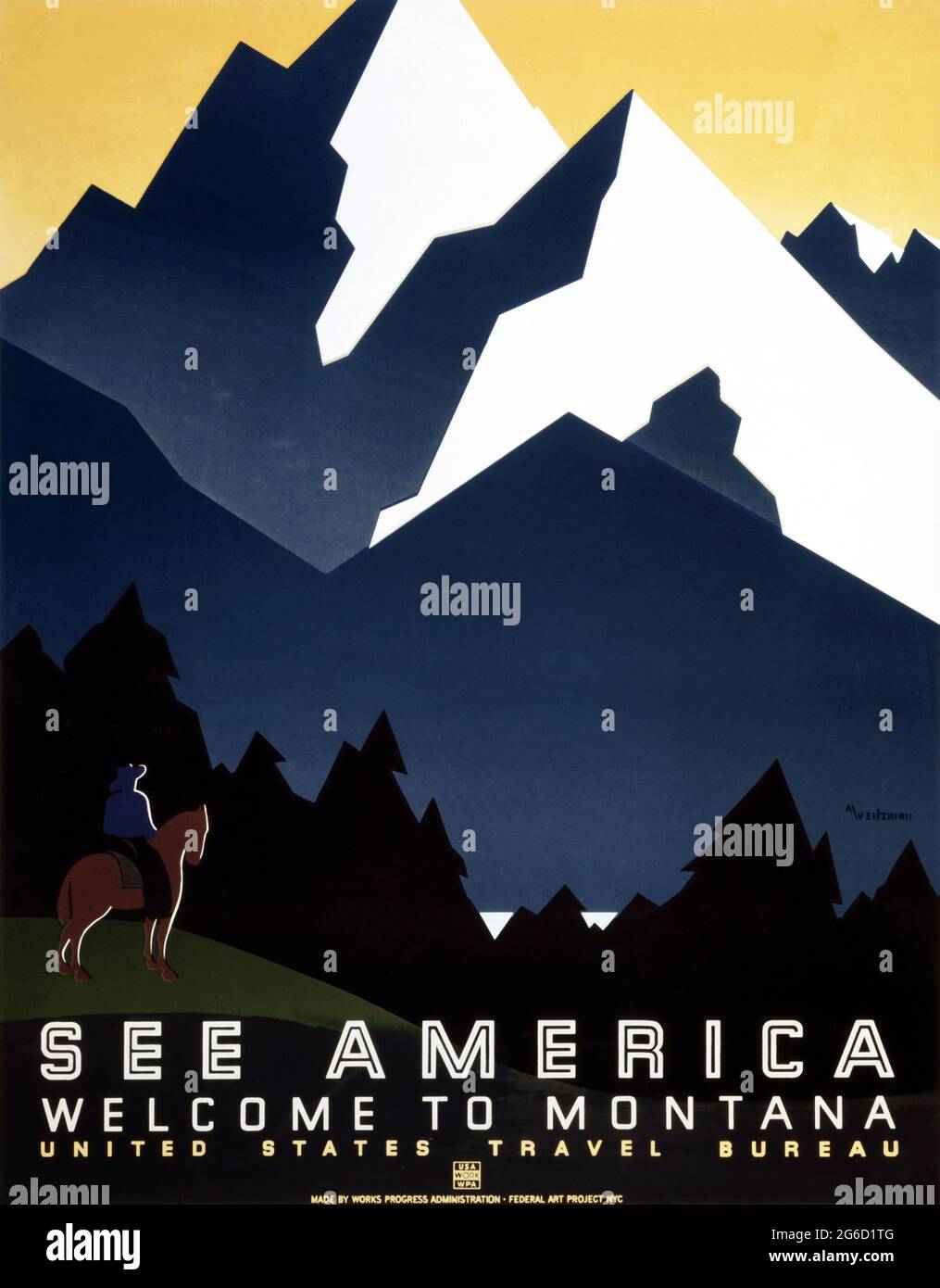 SEE AMERICA, vintage travel poster. Welcome to Montana, WPA poster, ca. 1937. United States Travel Bureau. Stock Photo