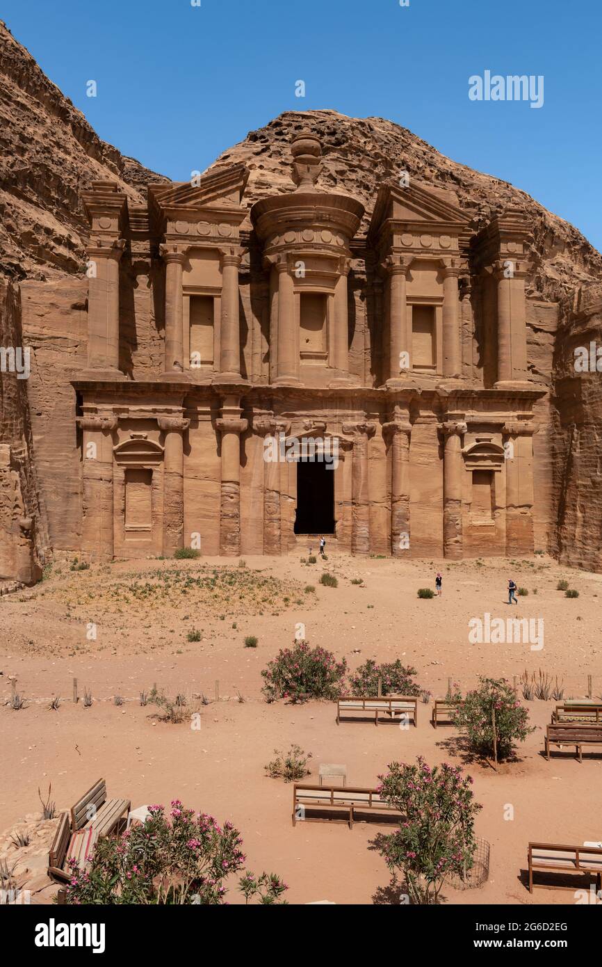 Ad Deir popularly known as ‘The Monastery’ is a monumental building carved out of rock in the ancient Jordanian city of Petra. Jordan Stock Photo