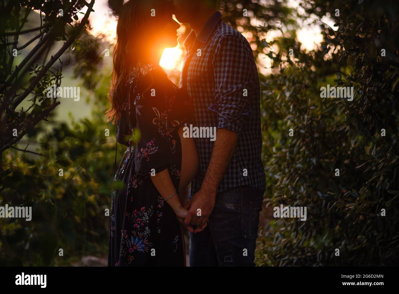 Side view of happy young couple expecting baby standing face to face holding hands against sunset light in green forest Stock Photo