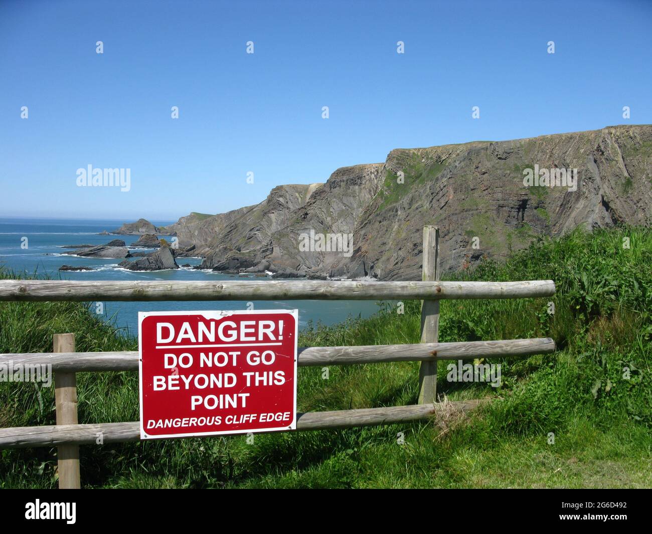 Danger do not go beyond this point dangerous cliffs sign. Hartland