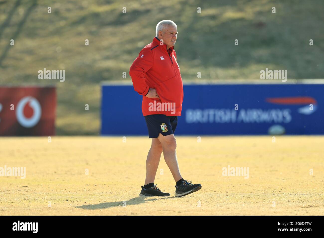 Warren Gatland, the Lions head coach looks on during the British and Irish Lions training session at St Peter's College in Johannesburg, South Africa. Picture date: Monday July 5, 2021. Stock Photo