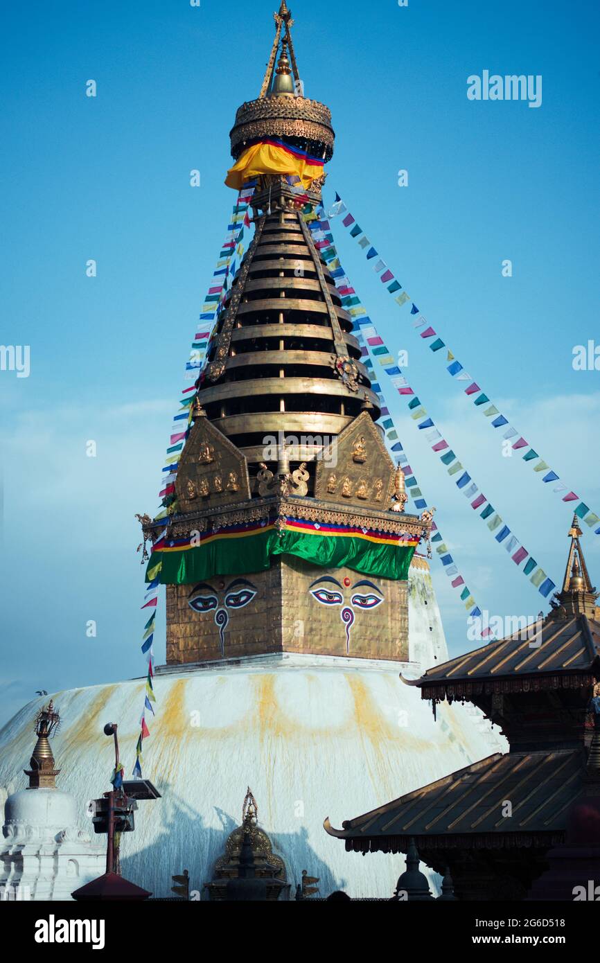 Ancient Swayambhunath Stupa in Kathmandu, Nepal. Heritage Site stock photo Stock Photo