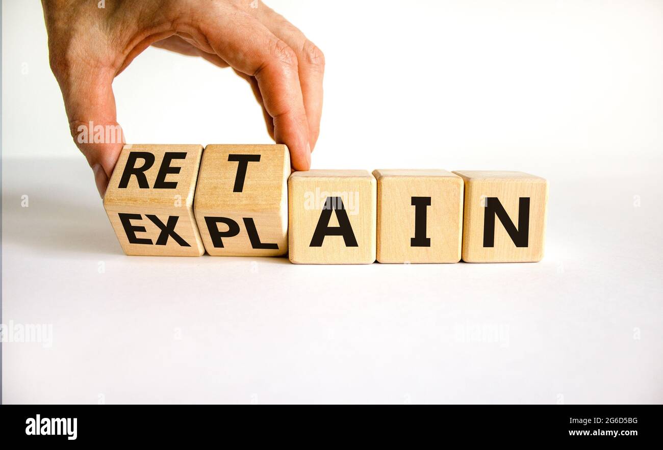 Retain or explain symbol. Businessman turns wooden cubes and changes ...