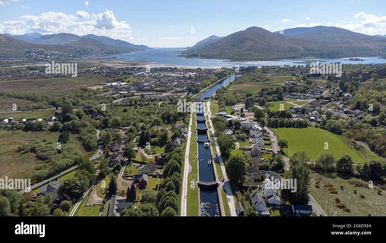An aerial view of Neptune's Staircase in Fort William, Scottish