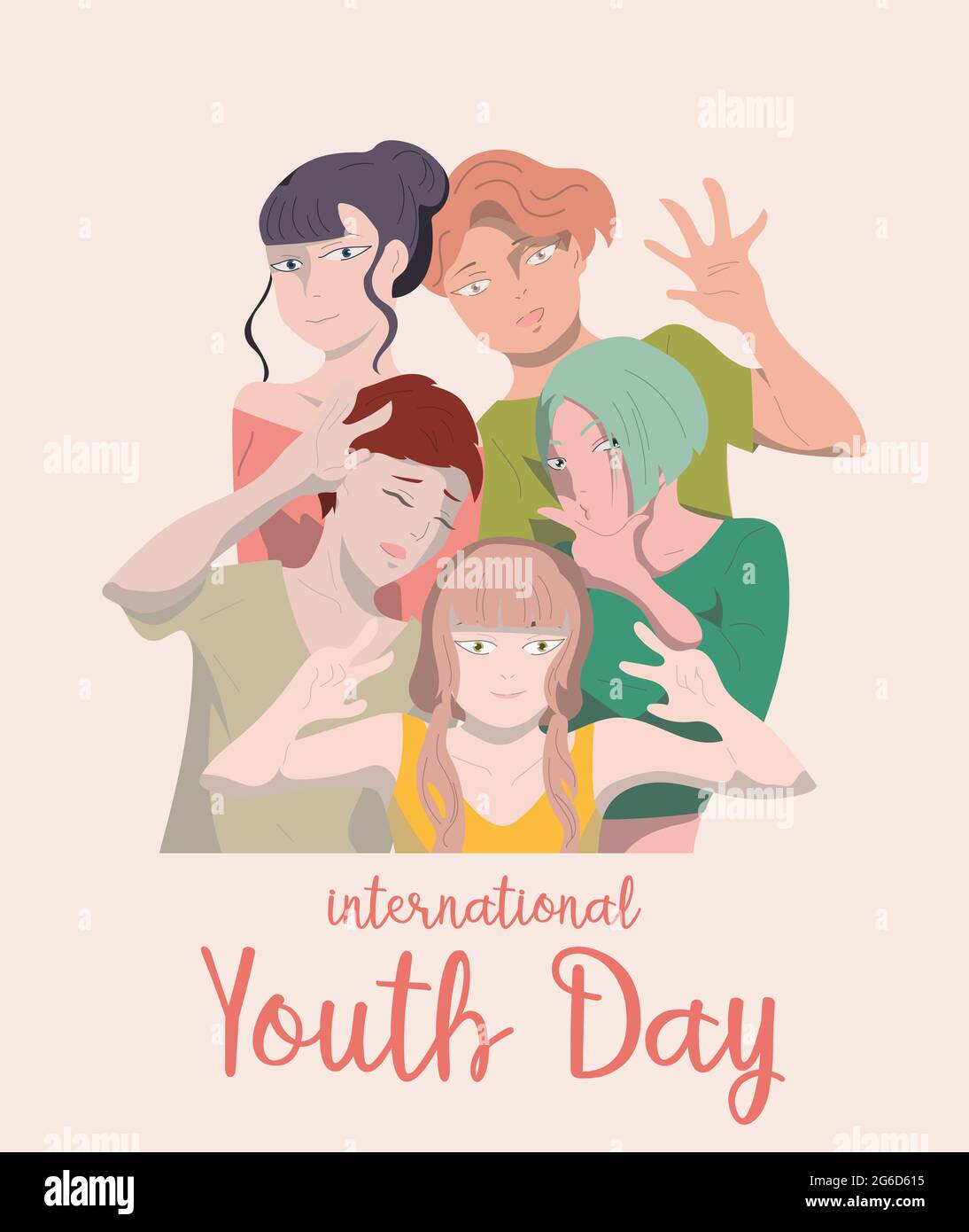 International Youth Day. Doodle vector illustration. Illustration in a flat style together for a holiday celebration. A group of friends consisting of Stock Vector