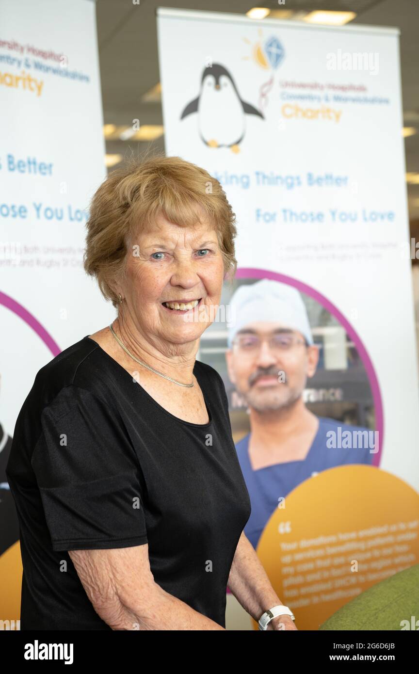Margaret Keenan enjoys a NHS Big Thank You tea at UHCW, Coventry, where she received the worlds first non-clinical trail dose of Covid-19 vaccine. Stock Photo