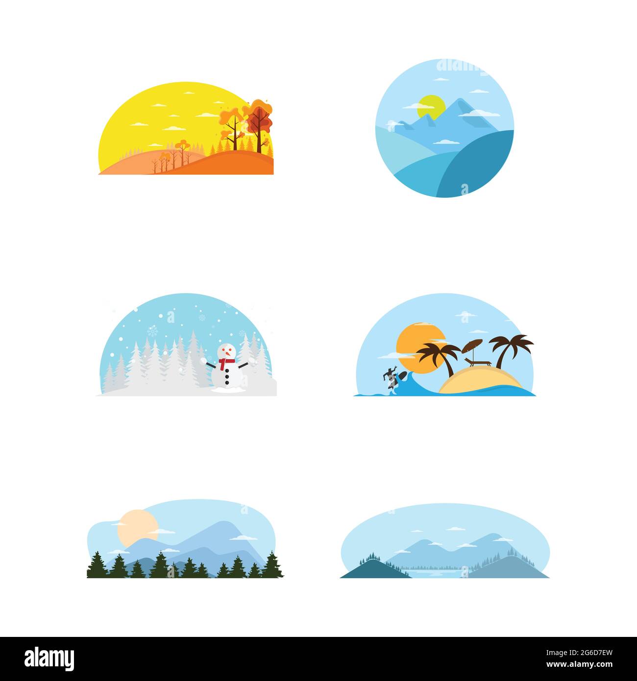 Seasonal landscape flat design image vector set. Beautiful flat set with colourful seasons for decoration design. Four seasons: autumn, winter, spring Stock Vector