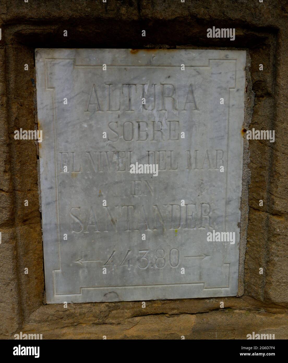 Plaque outside the Pamplona Town Hall stating 443.80 metres above sea level in Santander Pamplona Navarre Spain Stock Photo