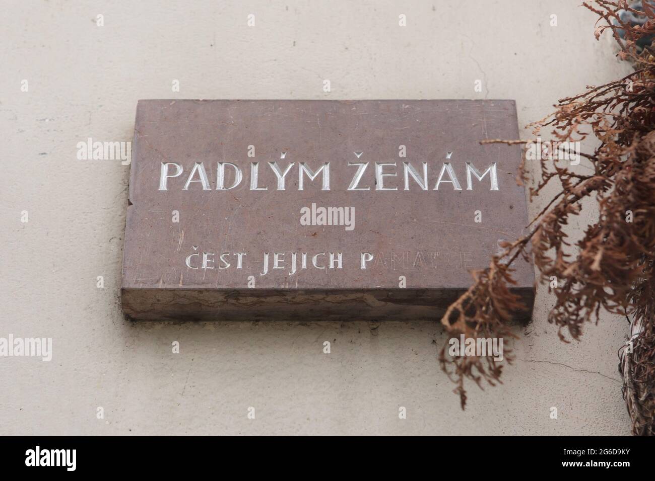 Commemorative plaque devoted to Prague prostitutes placed on the house in Perlová Street in Staré Město (Old Town) in Prague, Czech Republic. The inscription 'Padlým ženám' in Czech language on the plaque could be translated in two ways: 'To the Fallen Women' as well as 'To the Promiscuous Women'. The unfinished inscription bellow also could be finished and translated in two ways: 'The Honour to their Memory' as well as 'The Honour to their Pussies'. The plaque was installed in the area known as the Perlovka where Prague prostitutes used to wait for their customers at nights. The plaque was de Stock Photo
