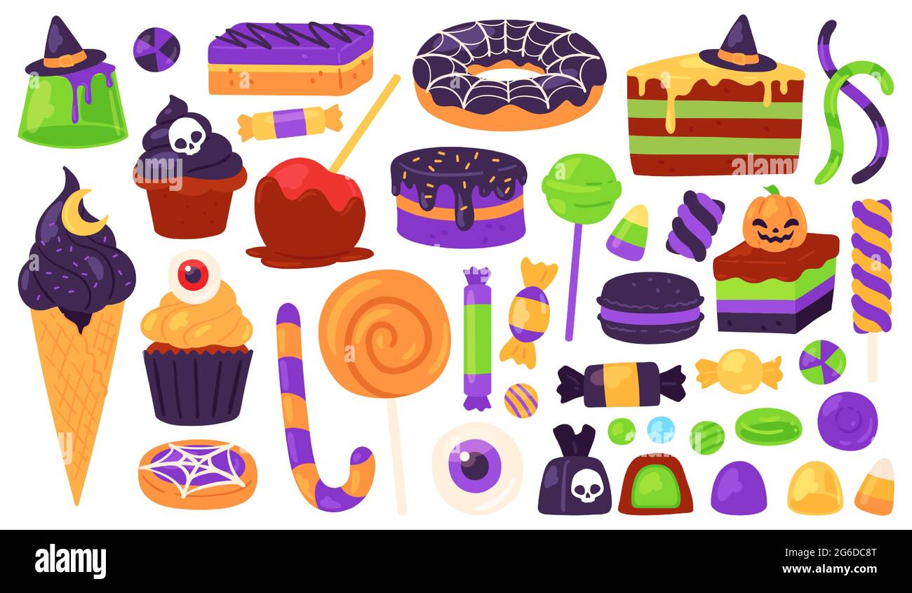 Halloween sweets. Trick or treats candies and dessert with spooky decoration, witch hat, pumpkin, spider web. Autumn kids holiday vector set Stock Vector