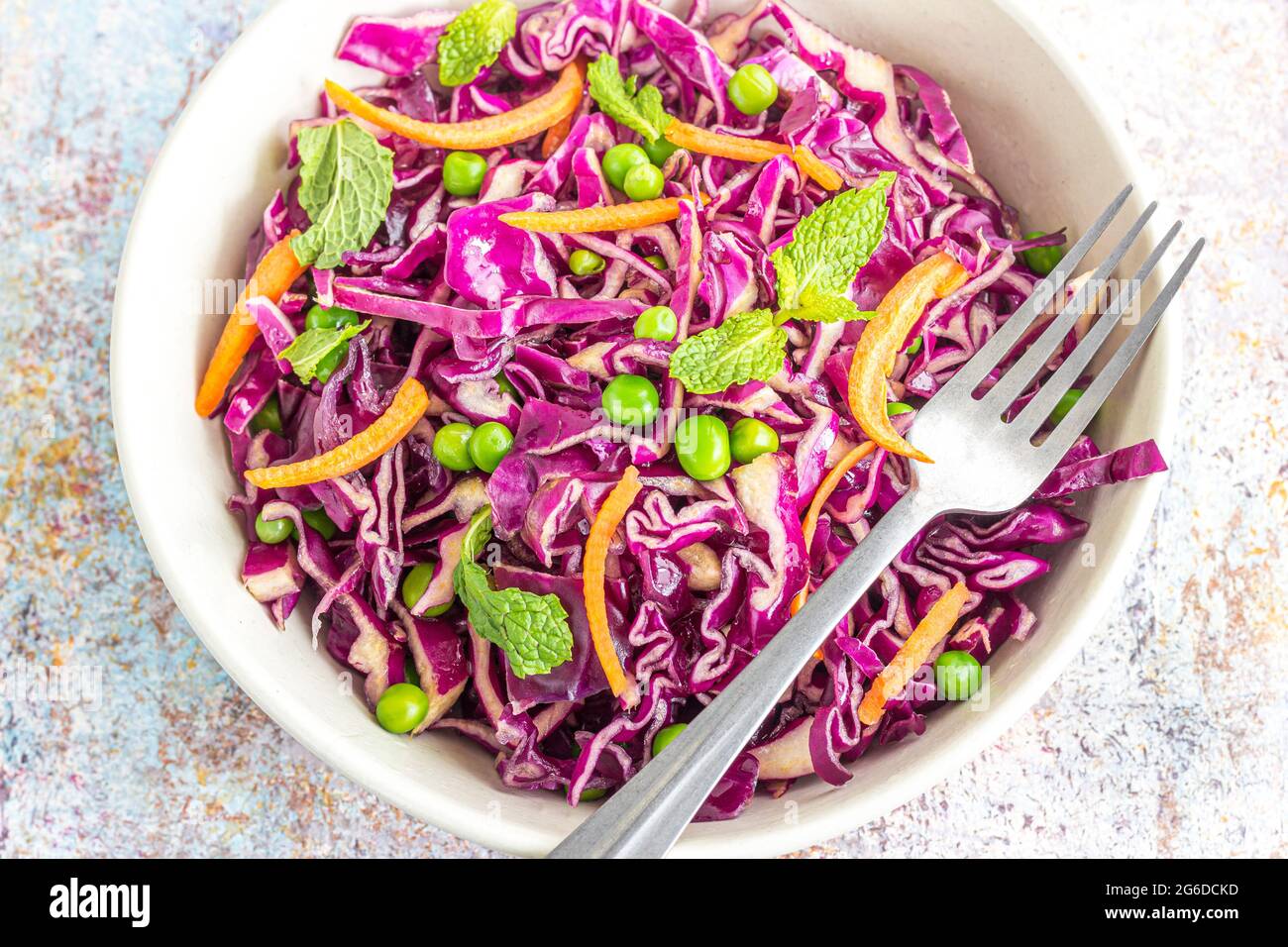 Healthy Purple Cabbage Salad  on a Wooden Base Top Down Close Up Photo Stock Photo
