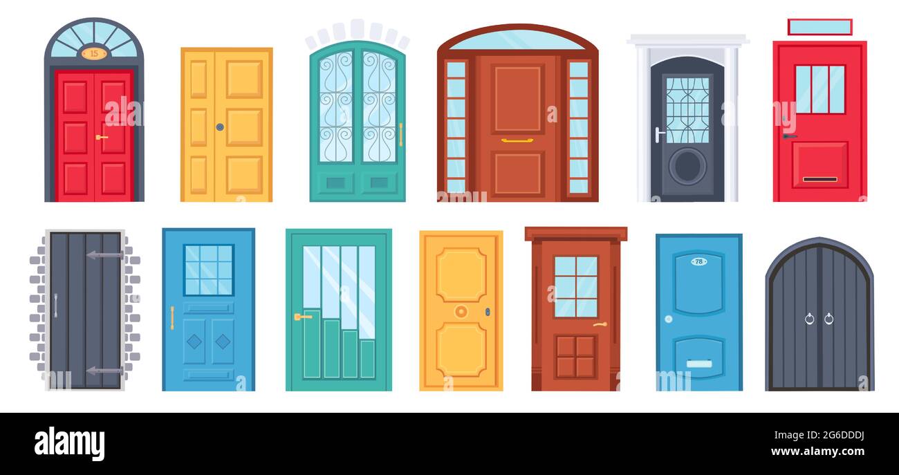 Retro doors. Cartoon front doorway exterior with brick wall. House or office entrance with glass. Wooden door design with handle vector set Stock Vector