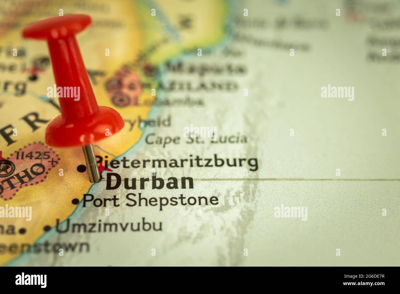 Location Durban in South Africa, map with push pin closeup, travel and