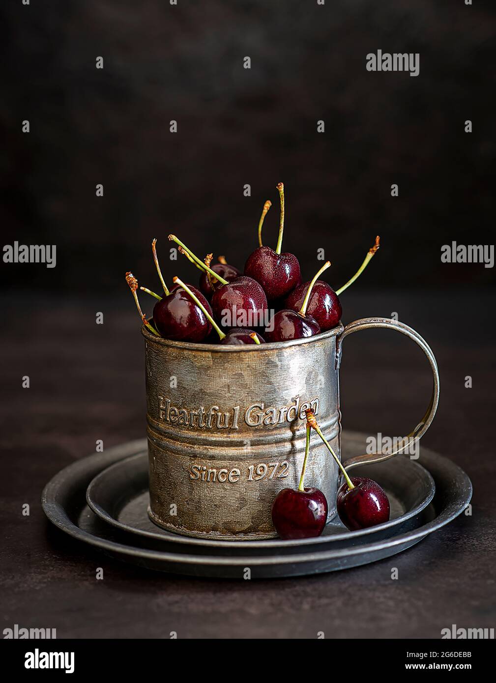Photography of a sweet cherry in a tin cup Stock Photo