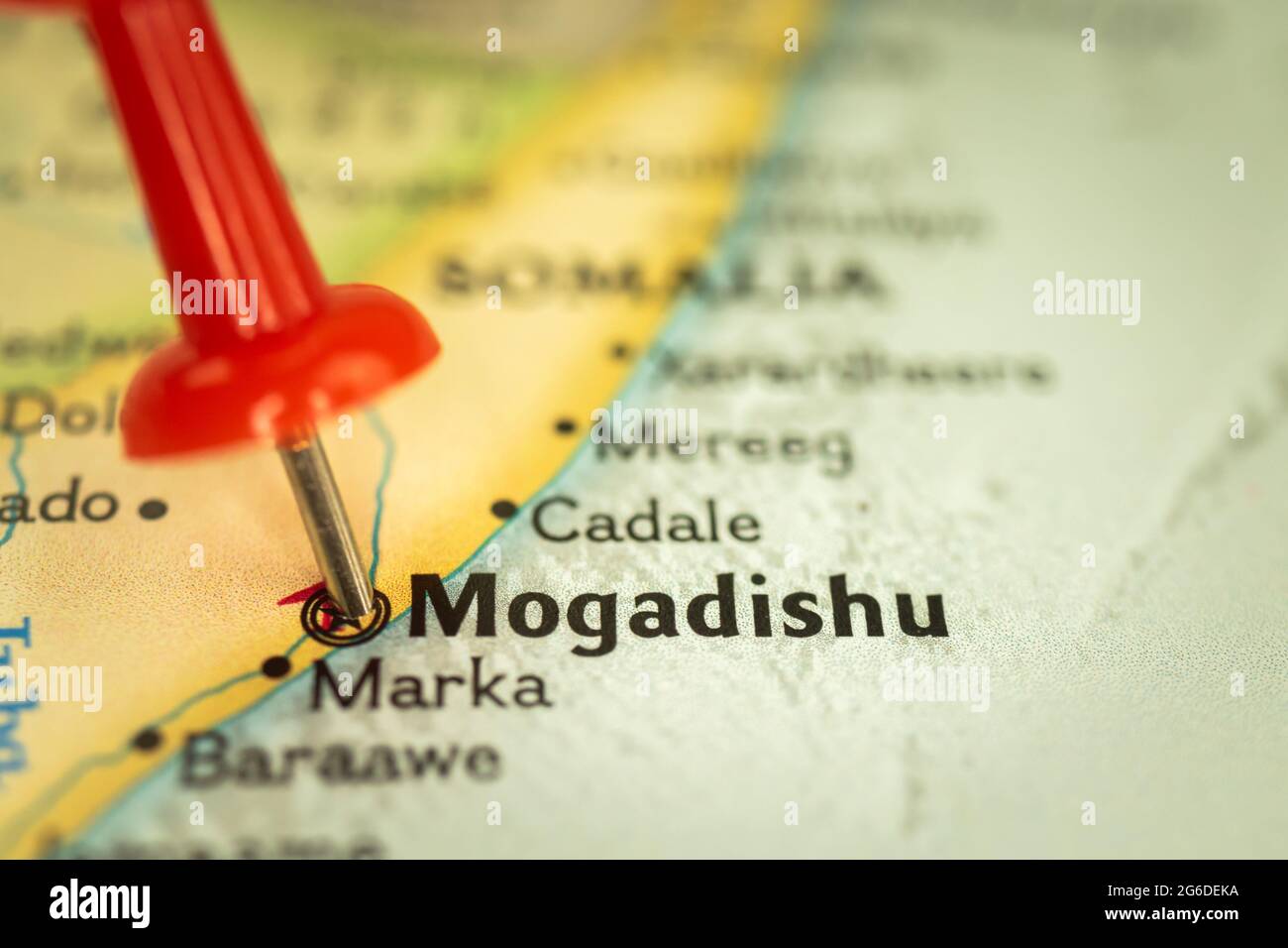 Location Mogadishu in Somalia, map with push pin closeup, travel and journey concept with marker, Africa Stock Photo