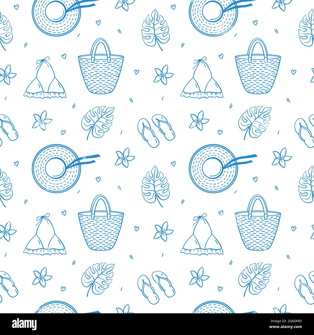 Seamless pattern with summer holiday elements - beach straw bag and hat ...