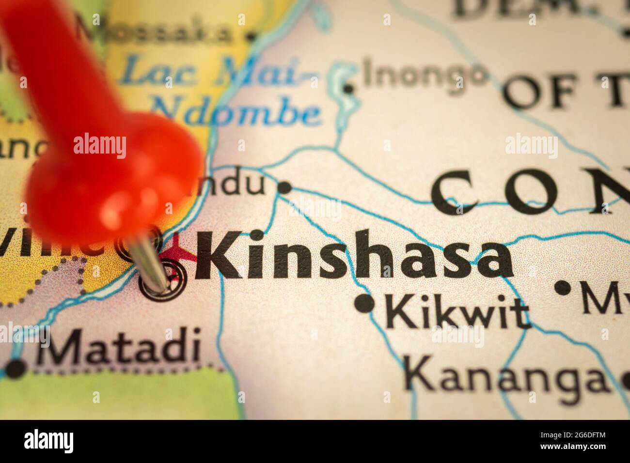 Location Kinshasa in Democratic republic of the Congo, map with push pin closeup, travel and journey concept with marker, Africa Stock Photo