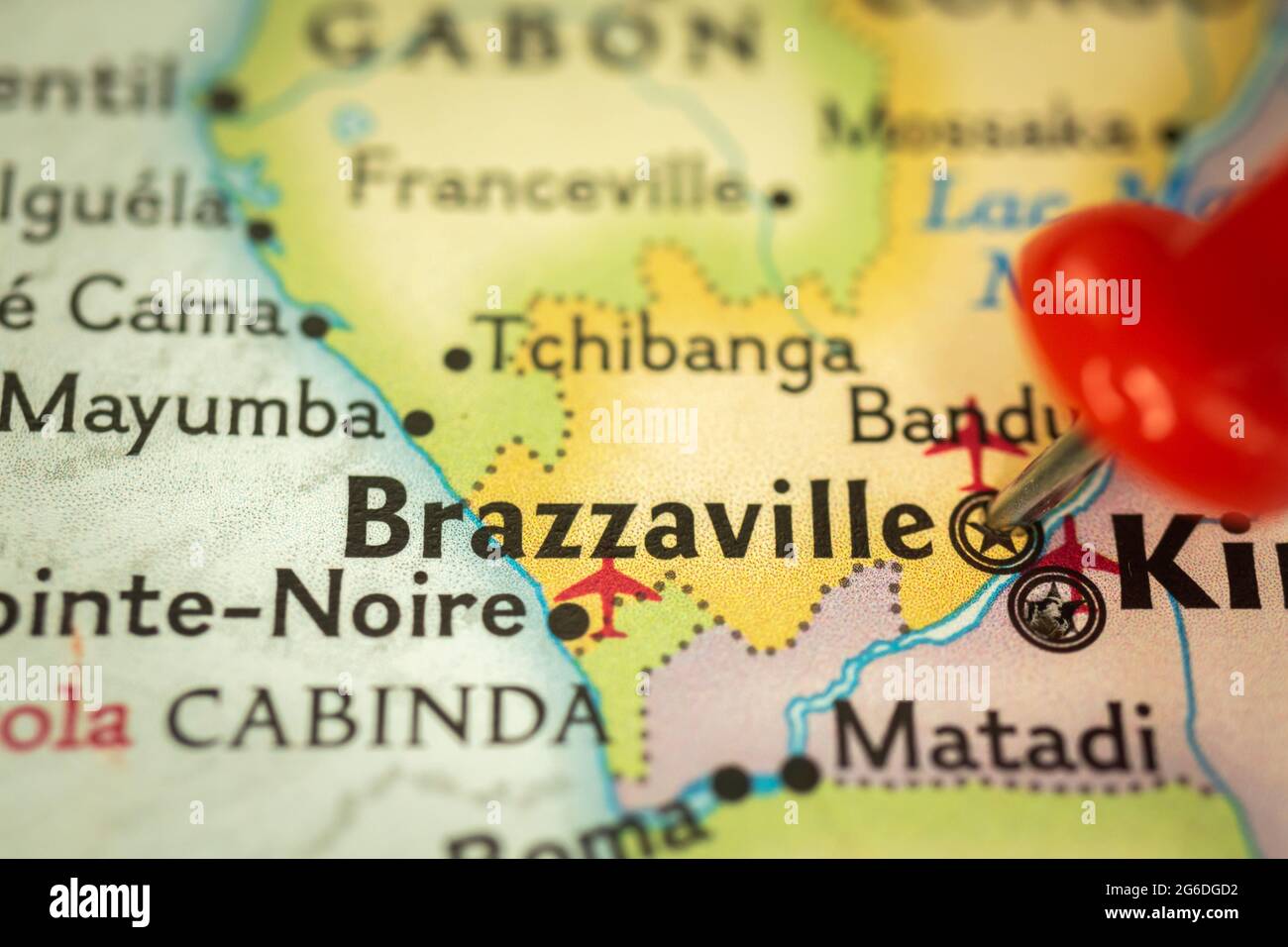 Location Brazzaville in Congo, map with push pin closeup, travel and journey concept with marker, Africa Stock Photo