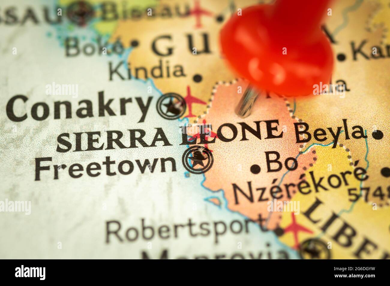 Location Sierra Leone and Freetown, map with push pin closeup, travel and journey concept with marker, Africa Stock Photo