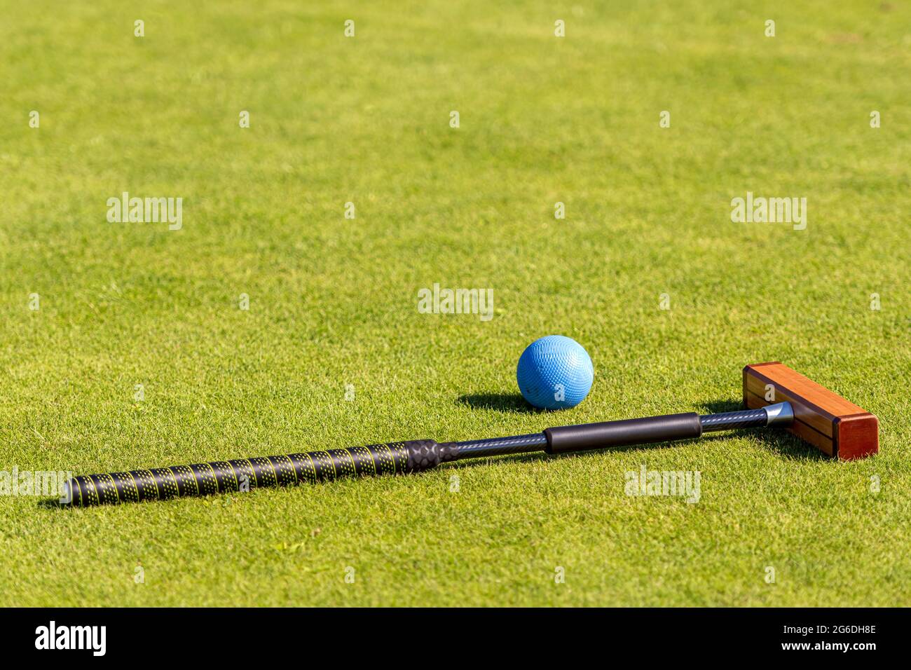 croquet mallet and ball on a lgreen awn Stock Photo Alamy
