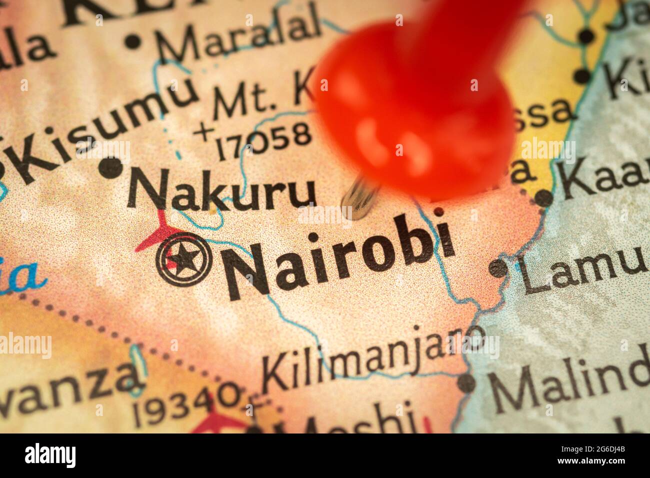 Location Nairobi in Kenya, map with push pin closeup, travel and journey concept with marker, Africa Stock Photo