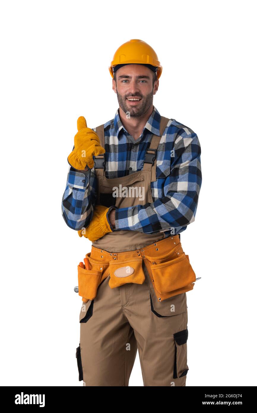 Portrait of construction worker showing thumb up isolated on white background Stock Photo