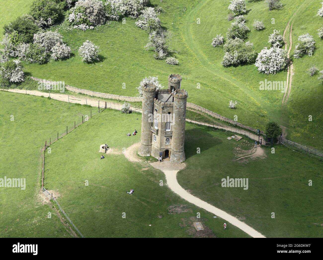 Broadway Tower in Worcestershire, England on the edge of the Cotswolds stands 312m above sea level. On a clear day, it offers views of 16 counties. Stock Photo