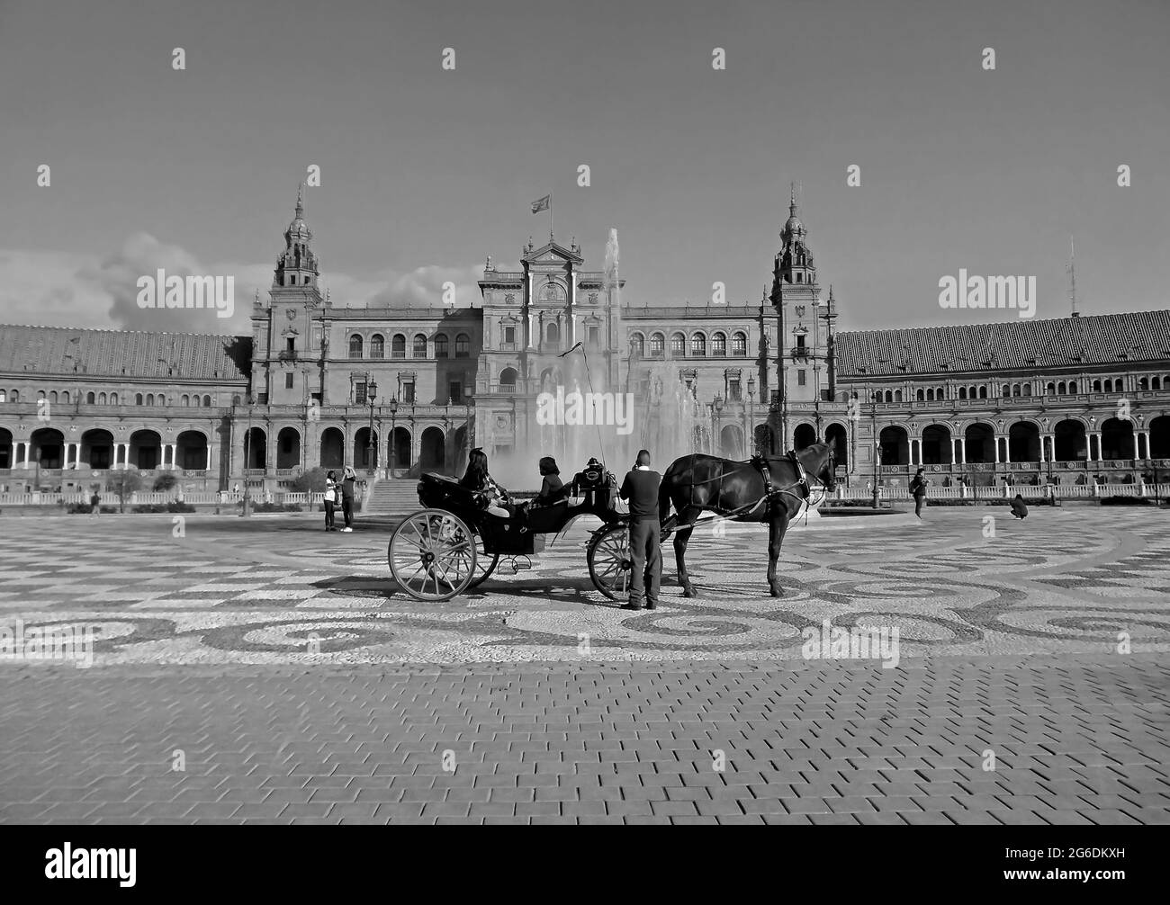 Monochrome Image of Plaza de Espana, the Iconic Gorgeous Landmark of Seville, Spain Stock Photo