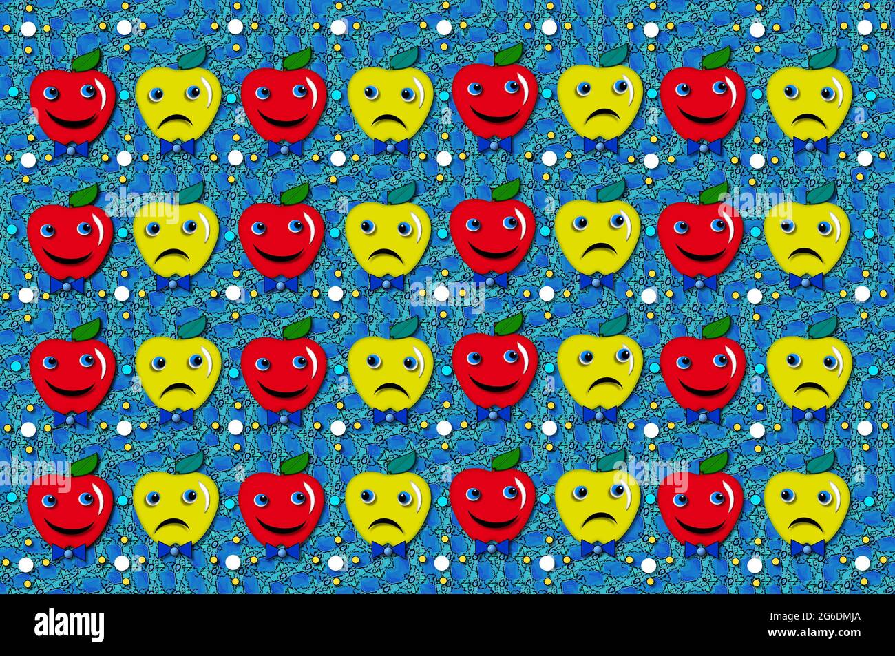 Happy and sad apples in yellow and red sit on blue print background with 2D polka dots.  Teachers can use apples to teach counting from one to thirty Stock Photo