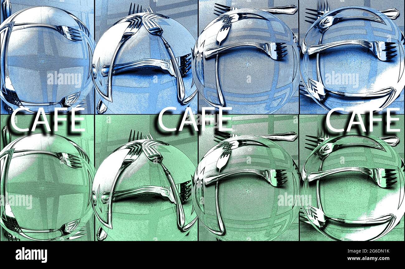 The word 'Cafe' is spelled out using forks to shape each letter.  A glass bowl placed on top of each letter distorted letter shape and adds 3D feel. Stock Photo