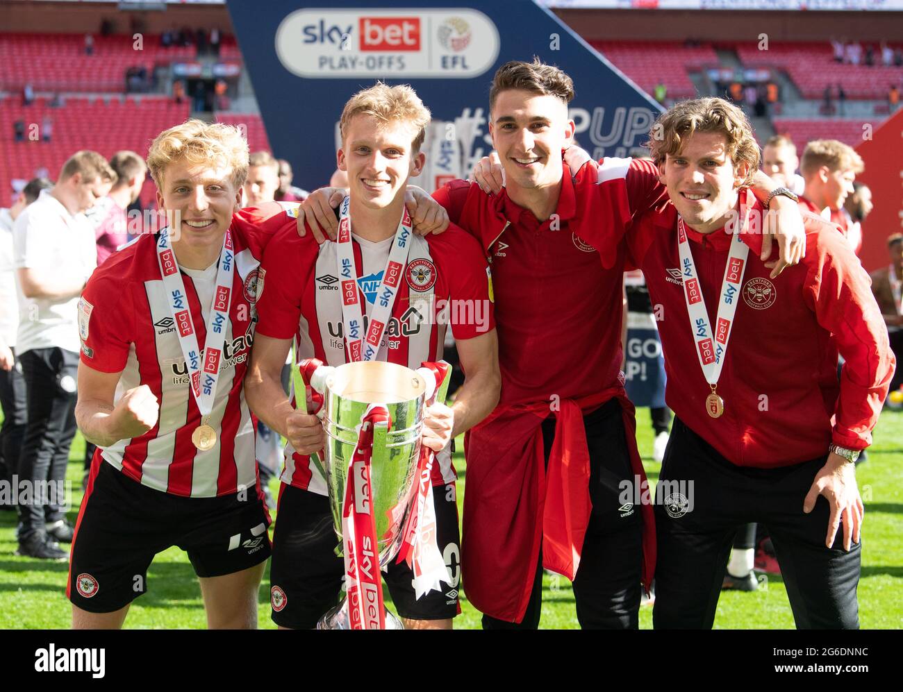 London, UK. 29th May, 2021. From left to right: Brentford Mads Bidstrup; Brentford Mads Roerslev Rasmussen; Brentford Julian Jeanvier and Brentford Mads Bech Sorensen after the Sky Bet Championship play-off Final match between Brentford and Swansea City at Wembley Stadium, London, England on 29 May 2021. Photo by Andrew Aleksiejczuk/PRiME Media Images. Credit: PRiME Media Images/Alamy Live News Stock Photo