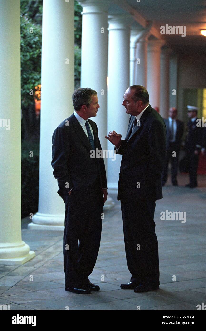 President George W. Bush talks with President Jacques Chirac of France Tuesday, Sept. 18, 2001, on the Colonnade at the White House.  Photo by Paul Morse, Courtesy of the George W. Bush Presidential Library Stock Photo