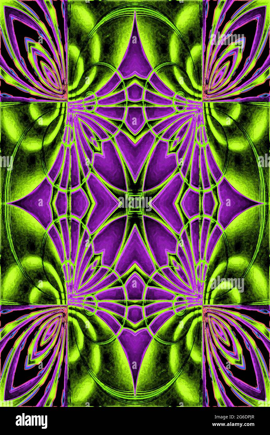 Brilliant purple hearts form center pattern surrounded by glowing green.  Each corner has peacock like feather pattern. Stock Photo