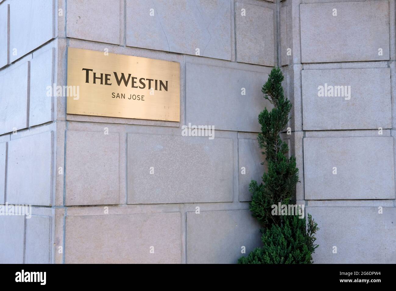 Sign outside The Westin San Jose, in downtown San Jose, California; formerly the historic Sainte Claire Hotel built in 1926. Stock Photo