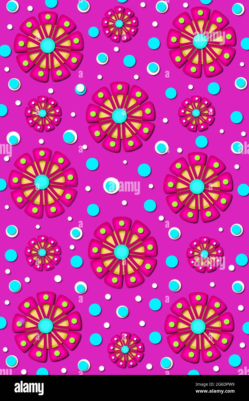 Brilliant pinwheel shaped flowers of hot pink, orange and green top a hot pink background.  Polka dots in blue and white surround flowers. Stock Photo