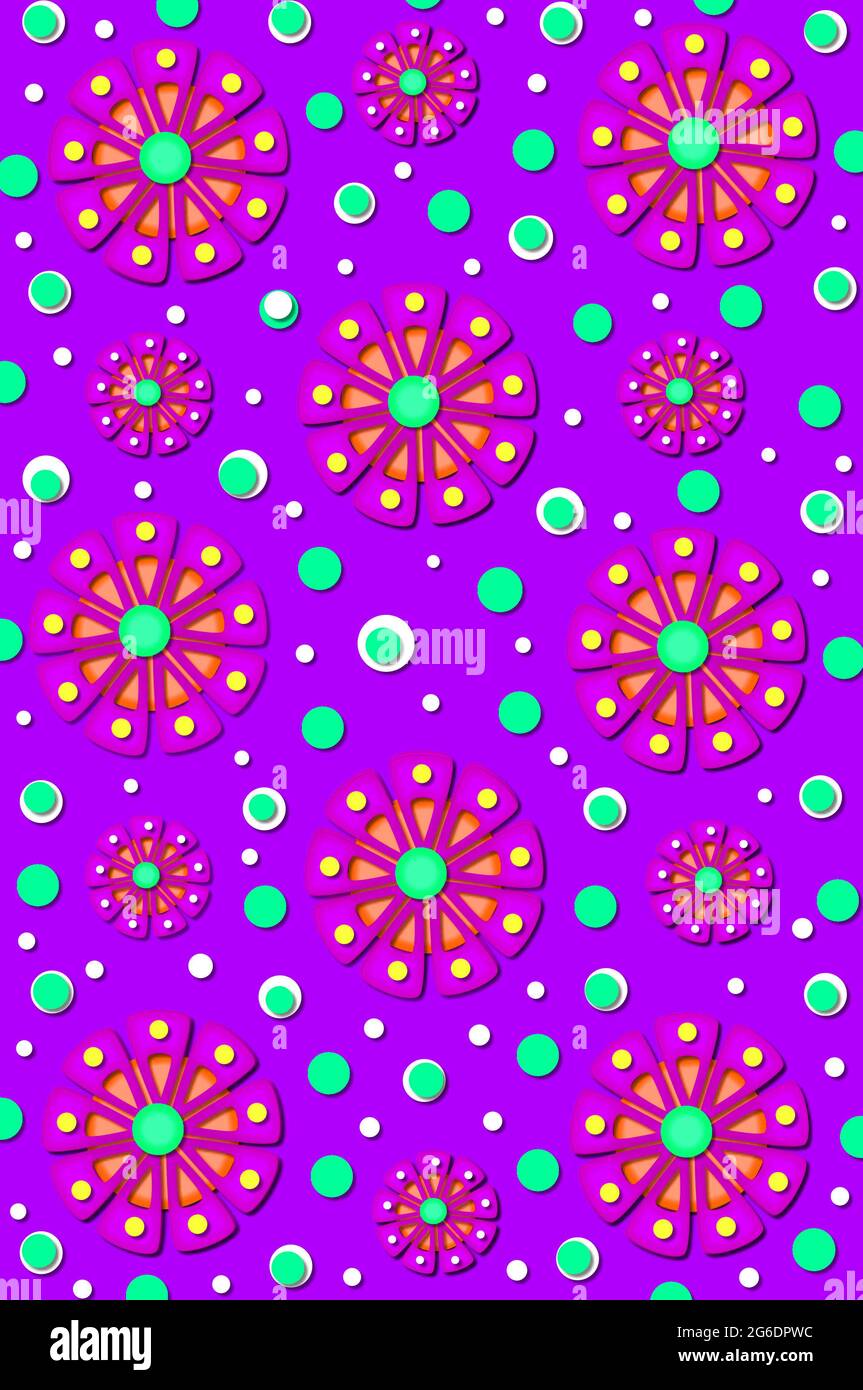 Brilliant pinwheel shaped flowers of purple, green and yellow top a purple background.  Polka dots in green and white surround flowers. Stock Photo