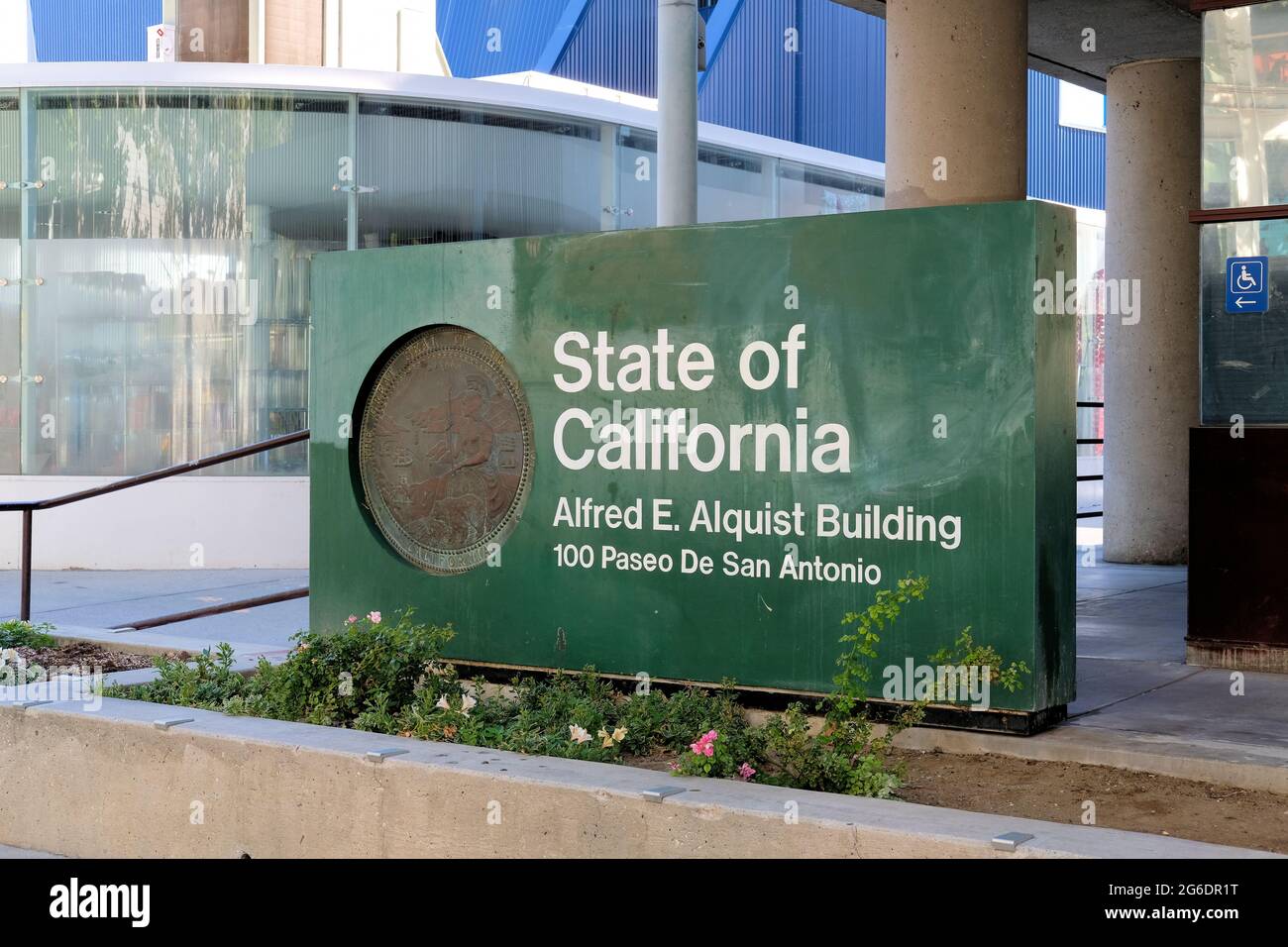 Sign outside the Alfred E. Alquist Building that houses multiple State of California government offices; downtown San Jose, California. Stock Photo