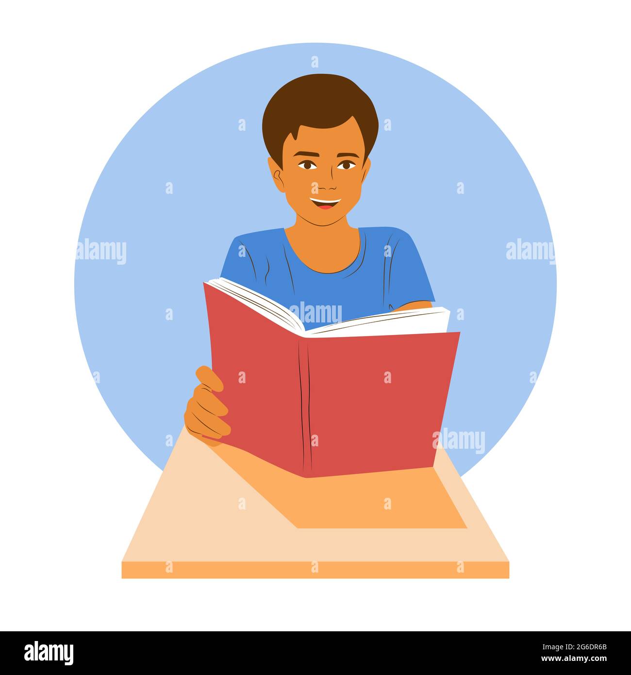Young smiling boy sits at a desk and holds a book. School boy learning. Clever happy pupil on lesson concept vector illustration Stock Vector