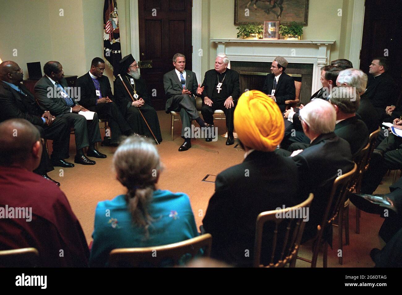 President George W. Bush meets with religious leaders Thursday, Sept. 20, 2001, in the Roosevelt Room of the White House.  Photo by Tina Hager, Courtesy of the George W. Bush Presidential Library Stock Photo
